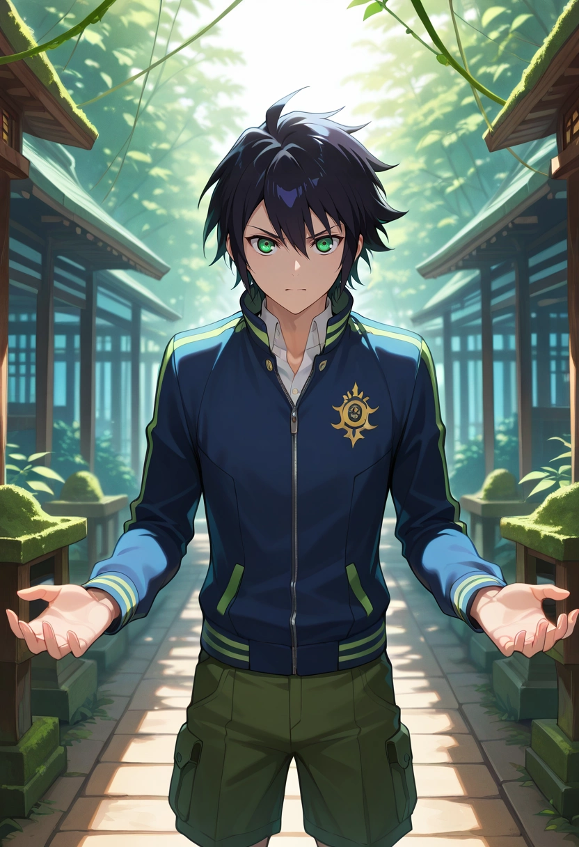 masterpiece, best quality, intricate details, (photorealistic:0.6), looking at viewer, 1boy, solo, male focus, <lora:yuuichirou_hyakuya_ilxl:0.98>, yuuichirou_hyakuya, black hair, green eyes, short hair, hair between eyes, , , jungle shrine, moss-covered steps, glowing altars, wild vines, worship pose, reverent expression, filtered light, Cropped cargo shorts, Herringbone Fuchsia Patchwork Polo jacket, , , and