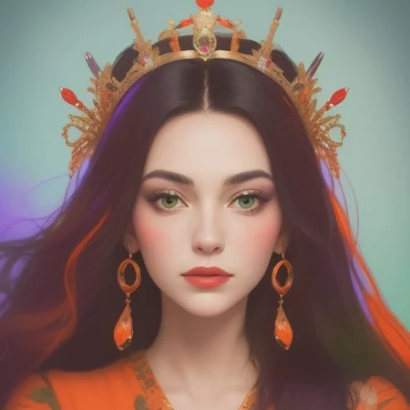 Portrait of a beautiful Queen.
Orange, red, green,  purple colors only.