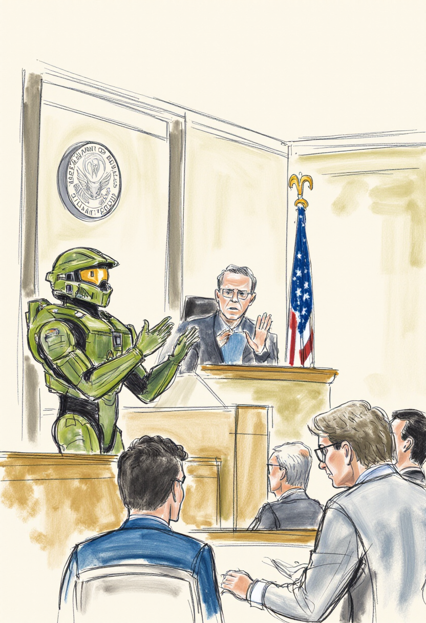 <lora:Courtroom_Sketch_Style_FLUX-000013:0.9>
This is a detailed, hand-drawn courtroom scene in a sketchy, watercolor style depicting Master Chief giving a presentation about the dangers of aliens.