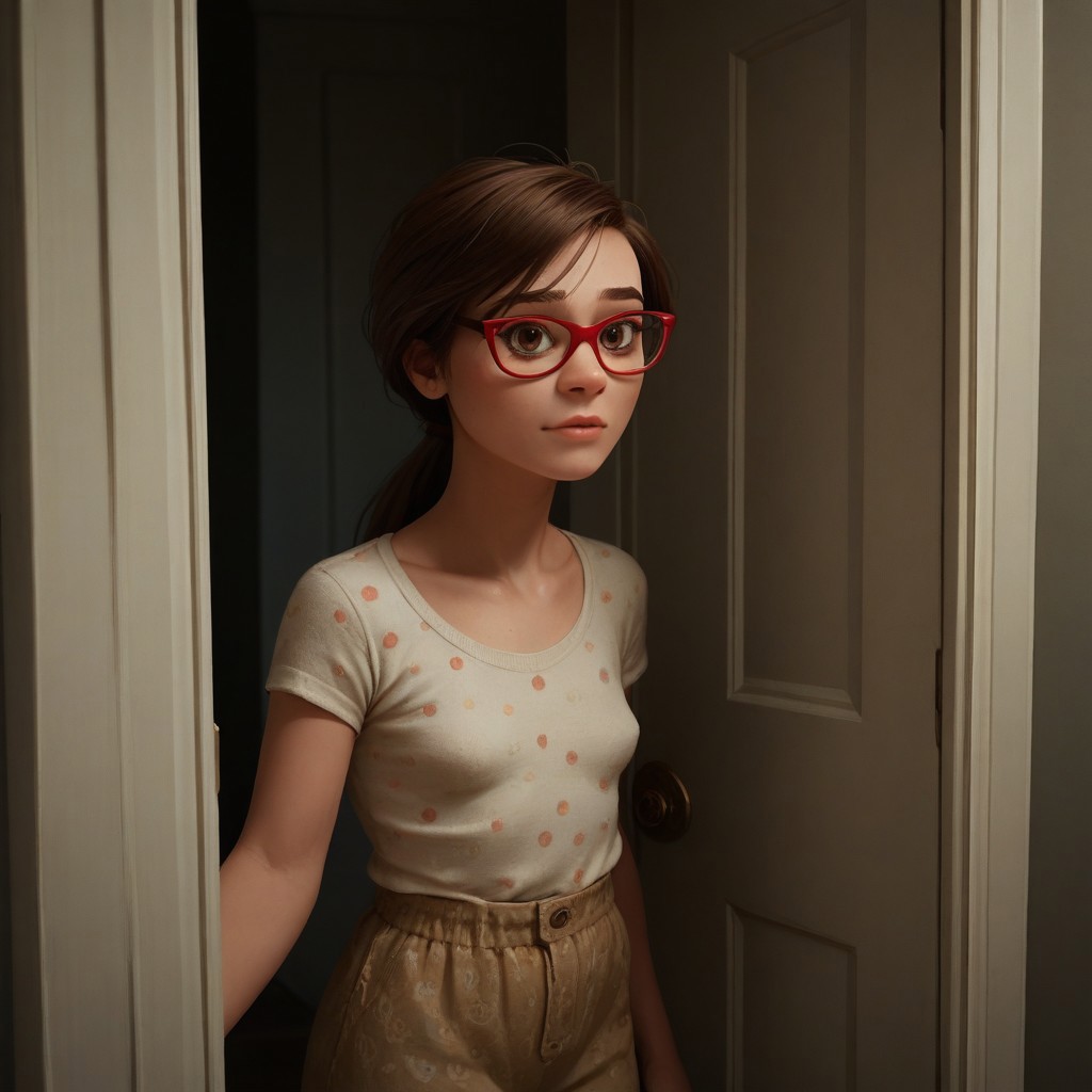 score_9, score_8_up, score_7_up, score_6_up, score_5_up, score_4_up, 1girl, Ji_llA, red framed eyewear, ponytail, portrait, small saggy breasts, older woman, leaning against a doorway, sexy pose, beautiful eyes