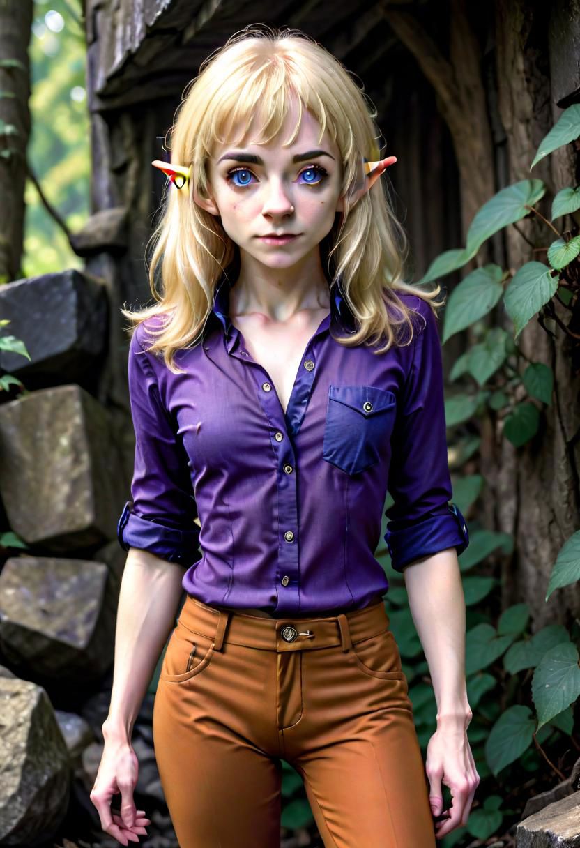 photo of pale (Age 19) female (halfling:1.75), (flat chested, rectangle body shape), (shaggy blonde, middle part), blue eyes, ((Dark purple)/(Dark Orange) masculine shirt/pants), homely, tiny, petite, thin, toned, lithe, full body, outdoors, HDR