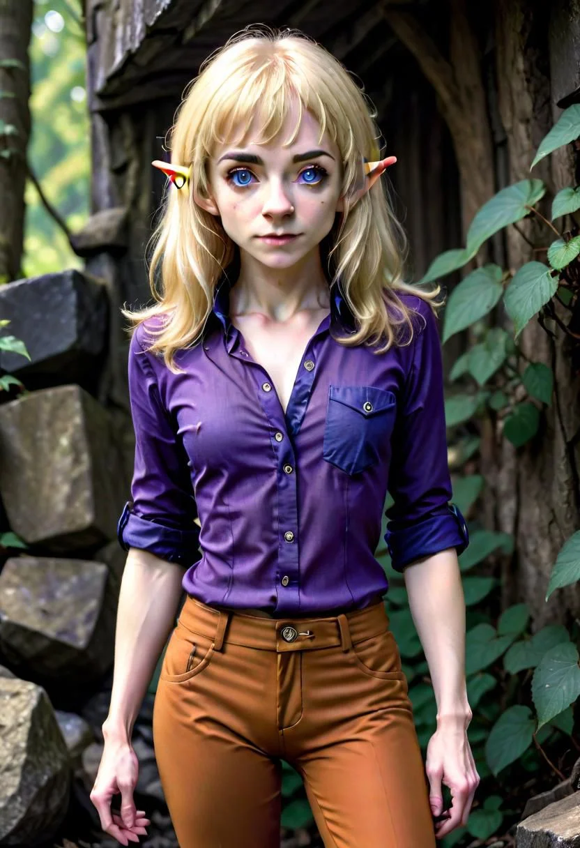 photo of pale (Age 19) female (halfling:1.75), (flat chested, rectangle body shape), (shaggy blonde, middle part), blue eyes, ((Dark purple)/(Dark Orange) masculine shirt/pants), homely, tiny, petite, thin, toned, lithe, full body, outdoors, HDR