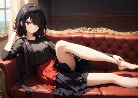 score_9, score_8_up, score_7_up, score_6_up, score_5_up, score_4_up, , scenery, masterpiece, best quality, very aesthetic,,
, looking at viewer, laying, modeling on sofa, <lora:Kurumi_Tokisaki:0.8> black hair, red eye, long hair, twintails, hair over one eye, yellow eye, heterochromia, clock eye, red shirt, plated skirt, black shirt, sitting, smiling,legs kicking,