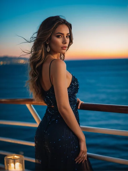 A dynamic cinematic photograph of Juliana_Conti_P_MXAI_SDXL , elegant sequin-party-dress, deck of a superyacht, ((full-body-shot)), windblown-hair, (dramatic makeup), colorful, amazing, perfect lighting, bright colors, dramatic, dynamic, cinematic lighting, intricate details, epic, ((night, moonlight)),, SK_CINEMATIC, ziprealism