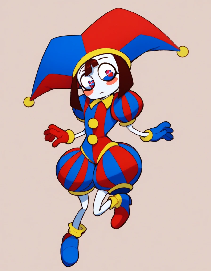 PomniTADC, 1girl, solo, blue eyes, brown hair, red eyes, gloves, hat, full body, short sleeves, puffy sleeves, puffy short sleeves, symbol-shaped pupils, blush stickers, red gloves, facepaint, jester cap, colored skin, white skin, blue shoes, red shoes