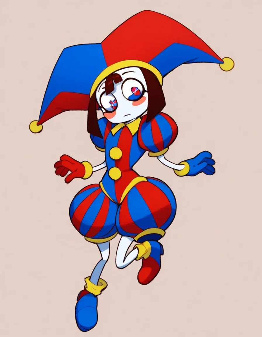 PomniTADC, 1girl, solo, blue eyes, brown hair, red eyes, gloves, hat, full body, short sleeves, puffy sleeves, puffy short sleeves, symbol-shaped pupils, blush stickers, red gloves, facepaint, jester cap, colored skin, white skin, blue shoes, red shoes