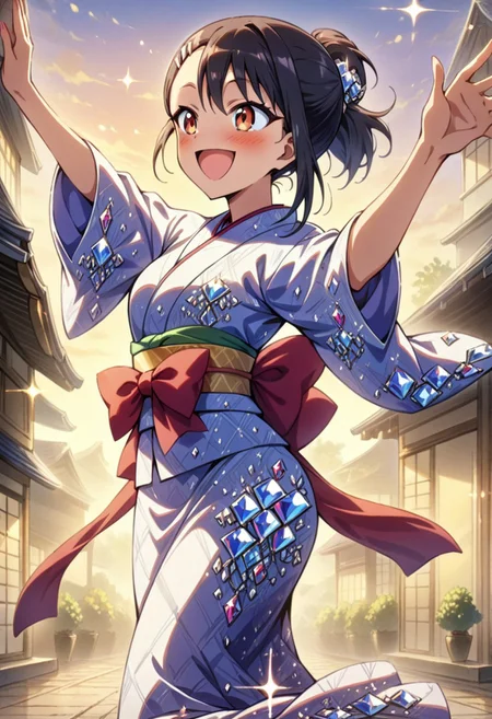 (masterpiece,best quality:1.5), high quality details,, amazing quality, newest, scenery, volumetric lighting
shiny skin, utatane hiroyuki, BREAK,
1girl, nagatoro hayase
japanese kimono, colorful kimono,
, smile, happy, dancing,
jewel
diamondMW, countless diamonds,