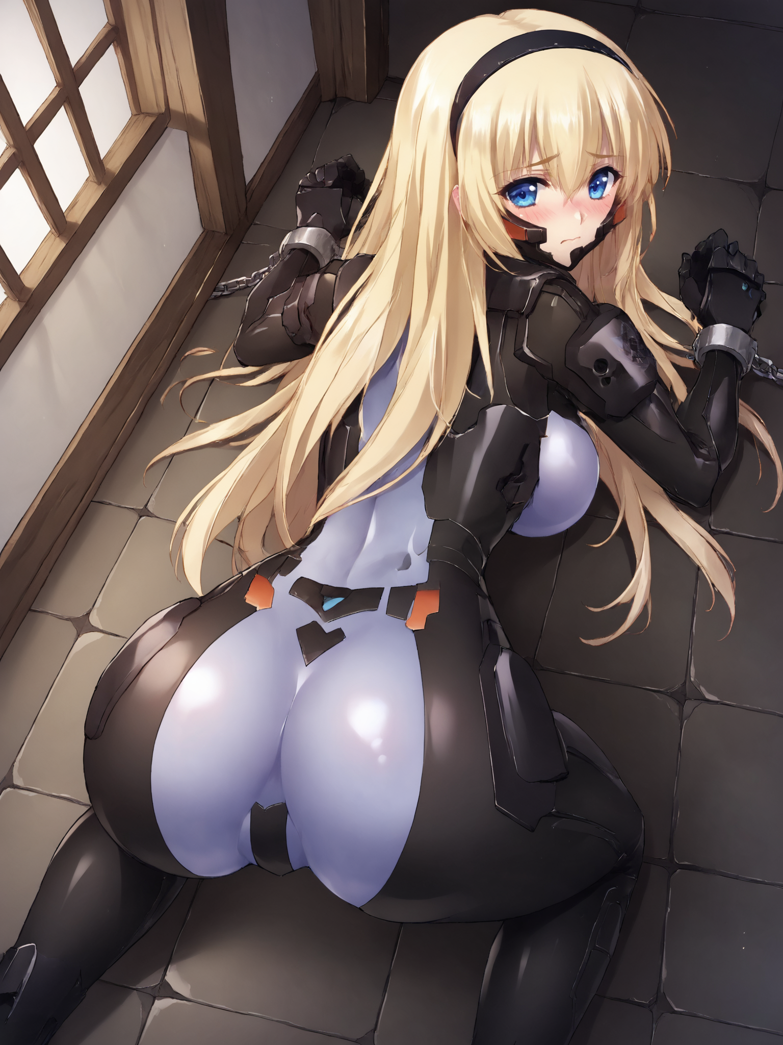 score_9, score_8_up, score_7_up, zPDXL, zPDXLpg, <lora:offset_0.2:0.1>, <lora:spo_sdxl_10ep_4k-data_lora_webui:1>,
1girl, solo,
schwarzesmarkenfortifiedsuit, pilot suit, impossible bodysuit, <lora:East_German_Fortified_Suit:1>, blue bodysuit,
irisdina bernhard, blonde hair, black hairband, hair between eyes, sidelocks, long hair, blue eyes, large breasts,
from behind, huge ass, all fours, from above,
bound wrists, bound ankles, chain, spread legs,
looking back, looking at viewer, embarrassed, blush,
indoors, dungeon
