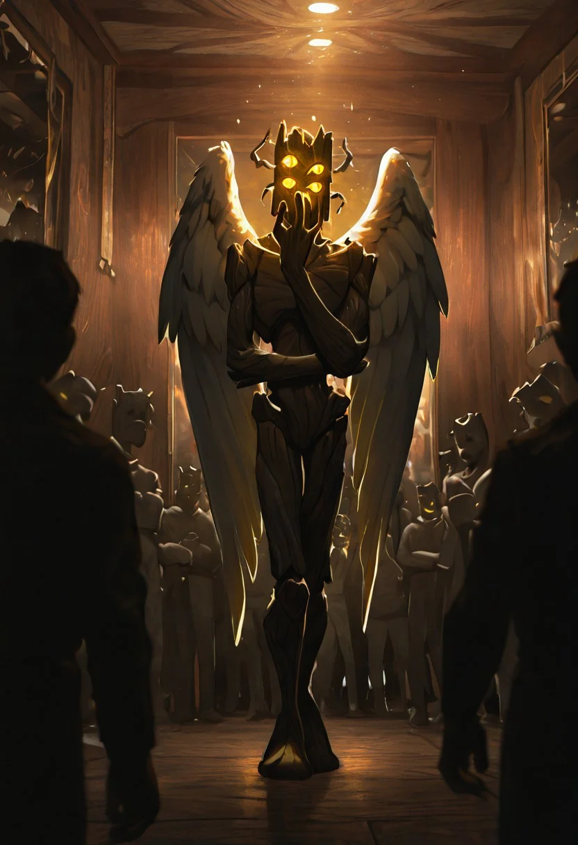 masterpiece, best quality, amazing quality, very aesthetic, absurdres, newest, cinematic, movie scene, foreground blur,
creaking, no humans, standing, monster, glowing eyes, yellow eyes, solo, 3 eyes, yellow sclera, wooden body,
inside museum, statue, crowded, behind people, tall, art museum, angel wings, covering face,