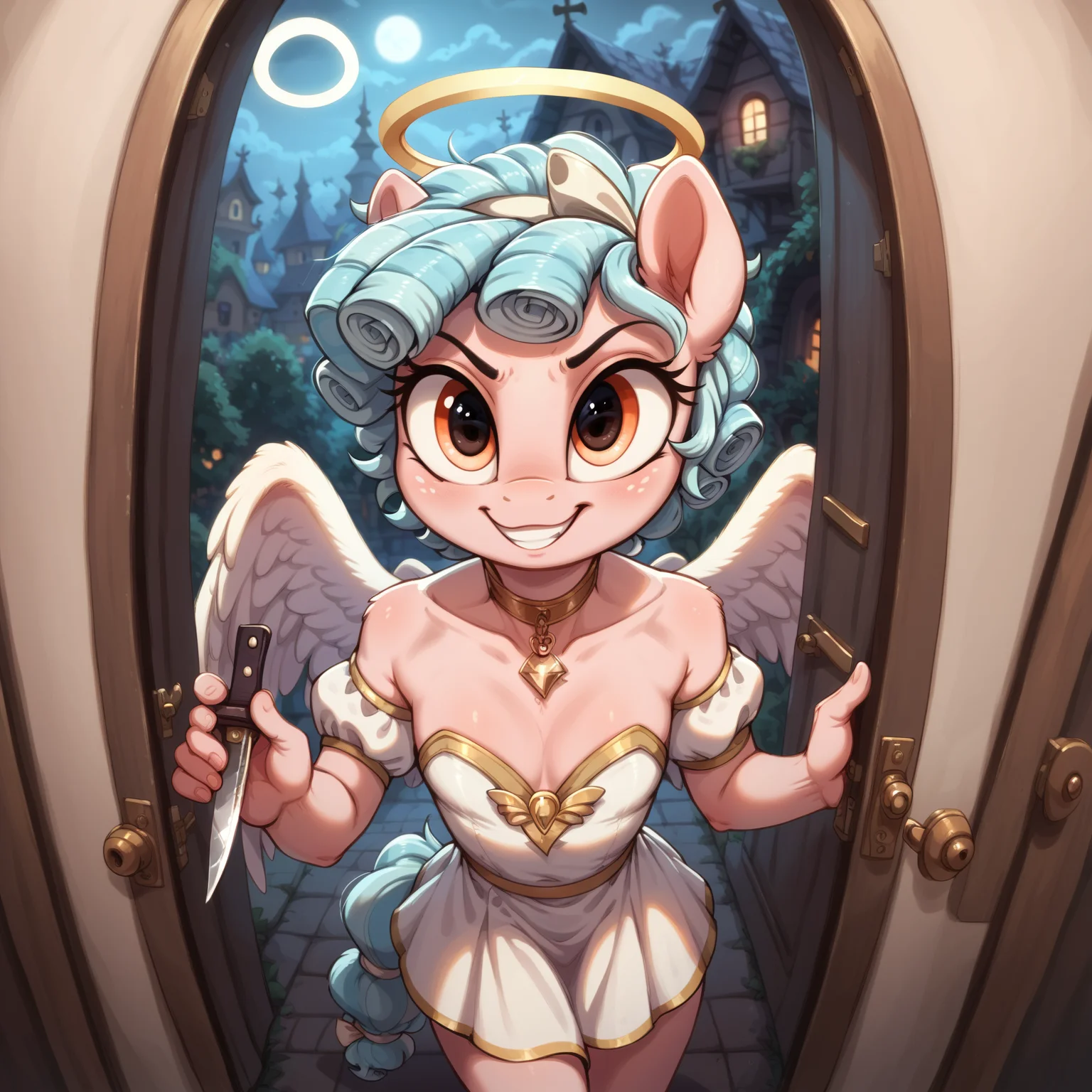 score_9, score_8_up, score_7_up, anthro pony, Cosy Glow, murderous grin, Halloween, holding knife, in doorway, door closed, view from above, pov, close up, angel costume, halo, flat chest, petite, cleavage, angel wings, solo, 25 years old, dark
<lora:Aer0Zer0_Artist_Style:.4>, <lora:Realistic_2.5DAnime_Merge1:.7>, <lora:add-detail-xl:.7>, <lora:Expressive_H:.4>, <lora:Welost_Artist_Style:0.4>, <lora:princess_xl_v2:0.8>