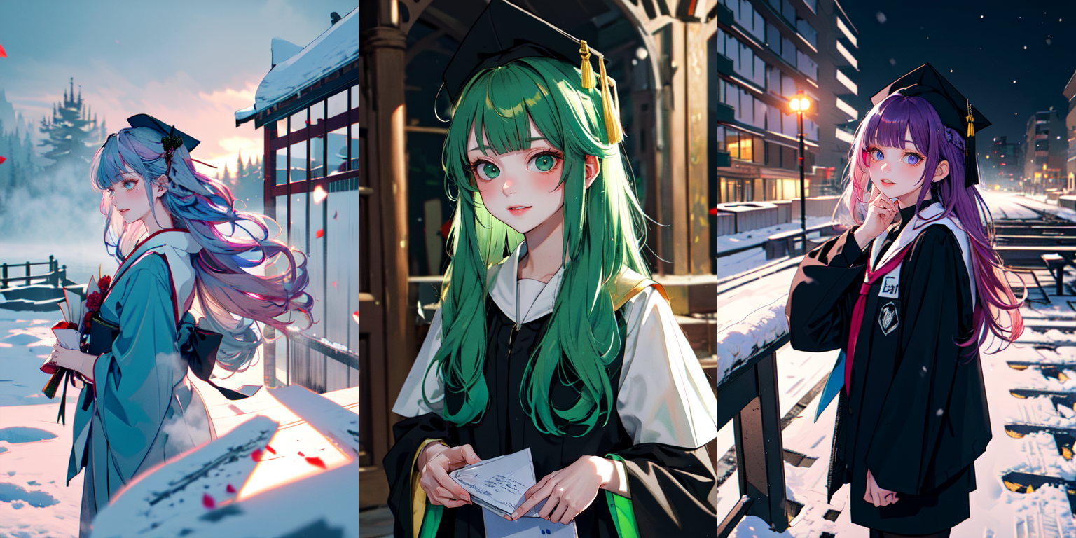 highly insanely detailed, masterpiece, top quality, best quality, highres, 4k, 8k, RAW photo, (very aesthetic, beautiful and aesthetic), 
__lazy-wildcards/subject/costume/graduation_robe/prompts__, 
<lora:gradgown:0.6>, 
(1girl:1.3), solo focus, 
(__lazy-wildcards/char/haircolor__), 
__lazy-wildcards/dataset/background__, 
__lazy-wildcards/subject/moment/random/prompts__âââ