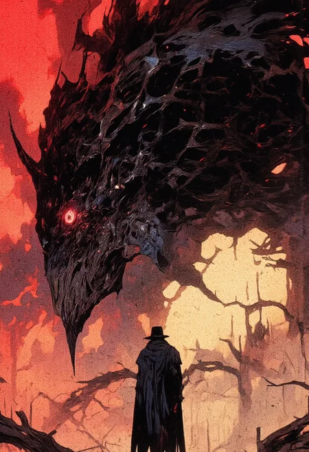A dark and ominous scene featuring a massive, menacing crow-like creature towering over a lone human figure in a barren, apocalyptic landscape. The creature is covered in jagged, black feathers that shimmer faintly in the dim, eerie light. Its glowing red eyes radiate an intense, malevolent energy, and its sharp beak is partially open, as if ready to strike. he human figure, shrouded in a dark trench coat and hat, stands defiantly yet dwarfed by the creature's immense size. Their silhouette is sharply defined against the fiery, blood-red sky with swirling clouds of smoke and ash. The skeletal, leafless trees in the background frame the composition The color palette is dominated by deep blacks, grays, and reds, with subtle highlights of orange and yellow that give the sky a fiery, apocalyptic glow. The overall mood is one of impending doom, tension, and primal fear. This image represents themes of confrontation, insignificance in the face of overwhelming power, and the enduring human spirit. Recreate this scene with enhanced details of the creatures feathers, claws, and glowing eyes, while maintaining the stark contrasts and surreal lighting of the apocalyptic setting, The overall aesthetic quality is very high, showcasing excellent use of lighting and composition, hand-colored, horror art, dark and gritty, highly detailed, hyper-realistic, watercolor, full-body shot, wide angle. style of Wes Anderson, Banksy, Choe, Giger, Clive Barker, Frank Miller,
