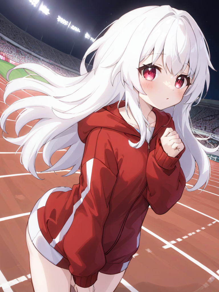 kelala girl,white hair,Red eyes,<lora:xl_kelala girl-000011:0.9>,track suit
