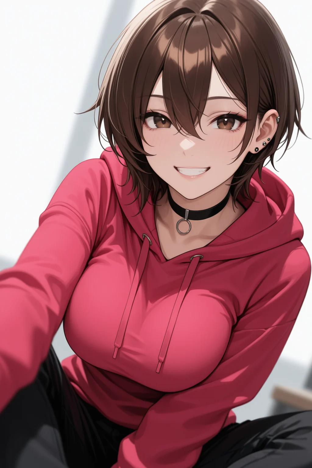 1girl, breasts, solo, brown hair, hood, hoodie, smile, choker, large breasts, looking at viewer, short hair, brown eyes, black choker, hair between eyes, grin, jewelry, red hoodie, hood down, long sleeves, piercing, pink hoodie, ear piercing, sitting,
masterwork, masterpiece, best quality, detailed, depth of field, , high detail, best quality, very aesthetic, 8k, dynamic pose, depth of field, dynamic angle, adult, aged up