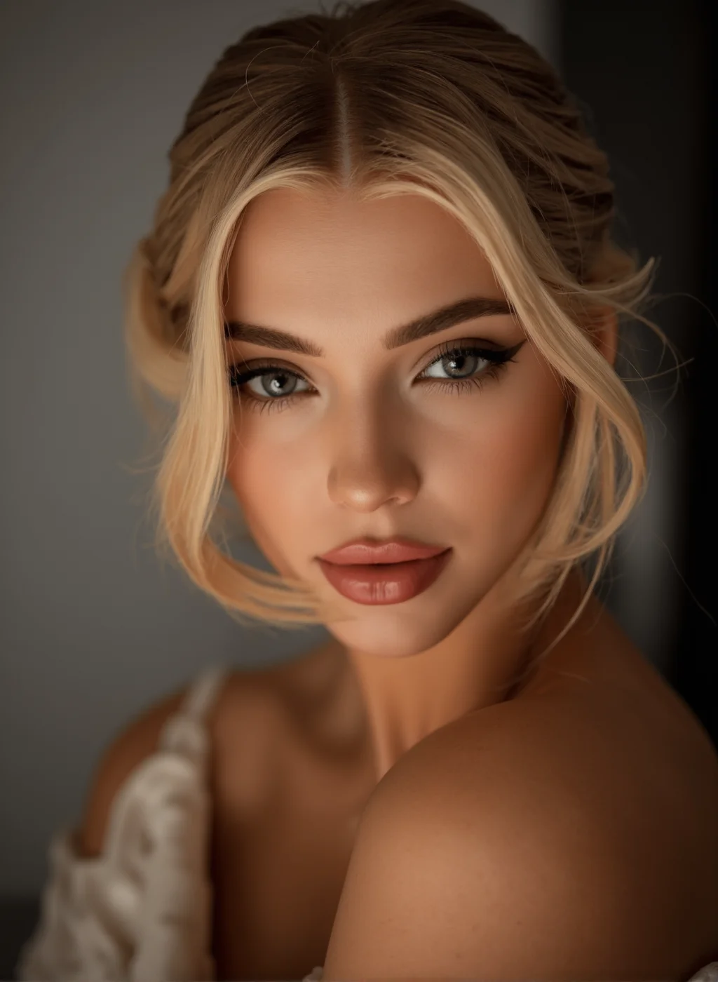 BrooklynMixer, ultra high definition and ultra realistic photo of a gorgeous young woman looking at the viewer with a seductive smile. Incredibly detailed zoomed in professional photo of her face.