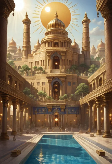 prefect lighting,very aesthetic,best quality,
intricate details,highly detailed background,(masterpiece:0.9),high quality, masterpiece,best quality,ultra-detailed, shorx1, st_babylon, palace, pool, trees, sun, day, building, columns, lights
