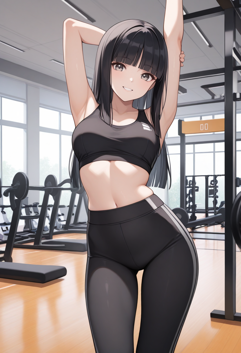 masterpiece, best quality, 1girl, solo, looking at viewer, cowboy shot, smile, gym, stretching
black sports bra, black yoga pants
 <lora:zs_YumikoILLU:1> yumikomt, black hair, blunt bangs, long hair, grey eyes,