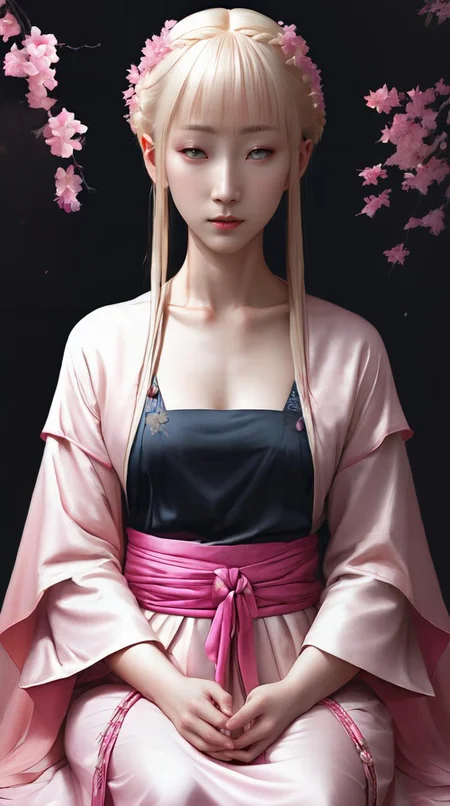 A full body portrait of SybilDante <lora:SybilDante_XL-000007:0.6>, sitting under a kotastu, wearing an ivory and pink japanese silk robe, hair in small braids with petals