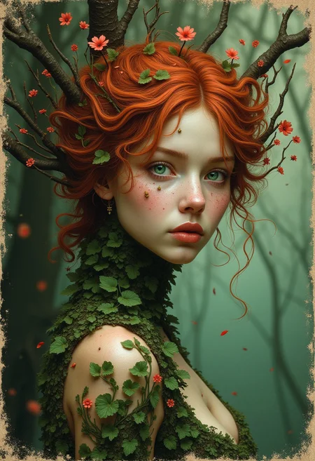 artwork in the style of Geoff Taylor to show a dark fantasy dead forest landscape, sunset, covered in tree roots and leaves. old scuffed and creased 1970s Fantasy style paperback book cover.
top frame title text: ("DEBUT BESTSELLING AUTHOR").
title text: ("SCARLETT HOLT").
main book title text: ("The Dryad").
bottom text: ("Will she co-exist with humans ? or... Replace them...").
a dryad plant flower woman is half the focus of the poster. petals. tree. green emerald eyes. dryad. monster girl. bugs. hair ornament. floating hair. plant girl. tree spirit with light skin. almost melancholic undertone. fair porcelain skin. fiery red hair with a few strands framing her face. almost melancholic undertone. fair porcelain skin. fiery red hair with a few strands framing her face. high definition detail. relaxed shoulders. glamorous women art. photo-realistic. featuring woman with striking pose. giving impression of tranquility or possibly a dreamlike state. 1900s photo deep field vignette antique-style effect.