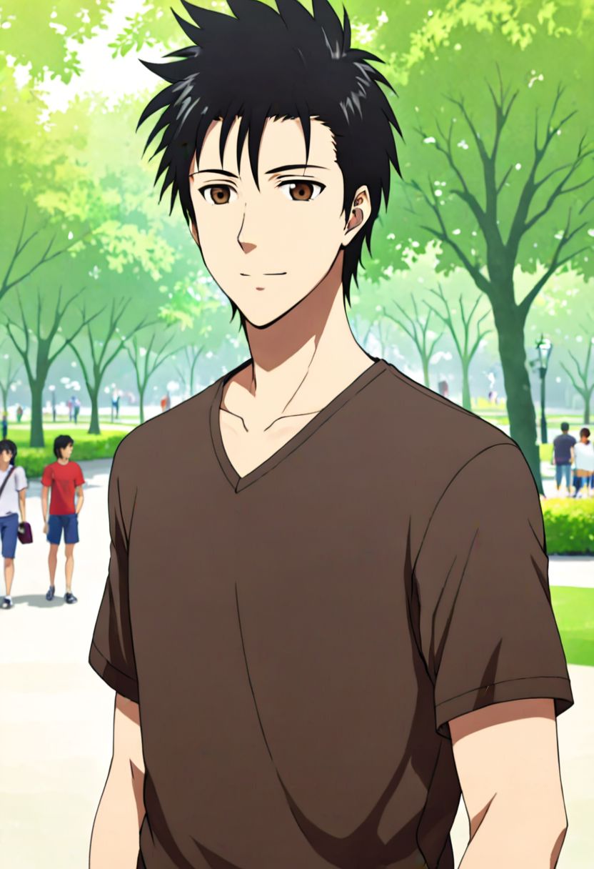 solo, 1boy, detailed_eye_model, easynegative, Soujirou Agata, Brown Eyes, Black Hair, happy, v-neck, t-shirt, standing, 3/4 body, public park