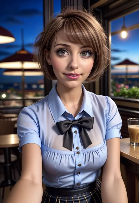 (8k, RAW photo, best quality, masterpiece:1.2), (realistic, photo-realistic:1.37), ultra-detailed,
1 girl, cute, solo, beautiful detailed sky, detailed cafe, night, sitting, dating,(smile:1.1),(closed mouth)
medium breasts, detailed face, detailed eyes, (collared shirt:1.1), bowtie, pleated skirt, (short hair:1.2),