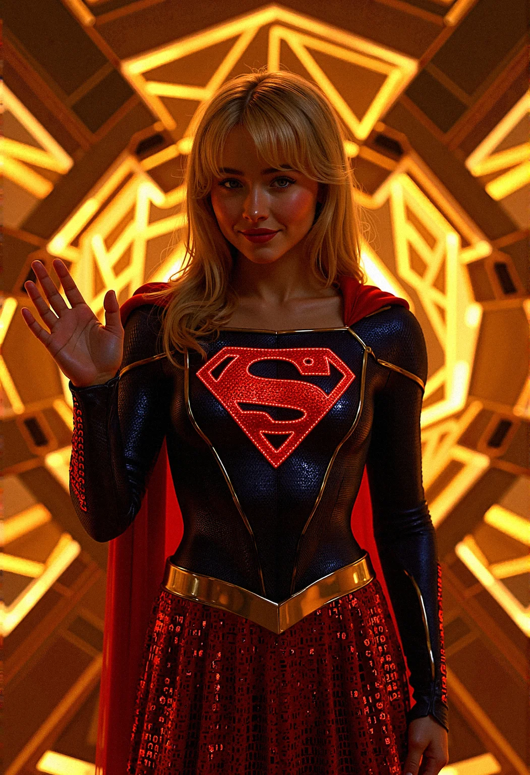 A photorealistic image of supergirl sabcarp based on fictional characters from DC Comics enveloped in a digital nexus, her costume infused with binary code that flickers with energy the backdrop of intersecting geometric shapes that seem to pulse with a golden glow, representing her power over both the digital and physical realms.
geometric armor plating to her shoulders and chest, with sharp, angular designs that mirror the background aesthetics.Integrate glowing binary code patterns into Supergirl's suit, running along the seams and edges, highlighting her connection to the digital realm.
She stands with one hand raised, palm facing outwards as if signaling to calm down, her expression firm but gentle.