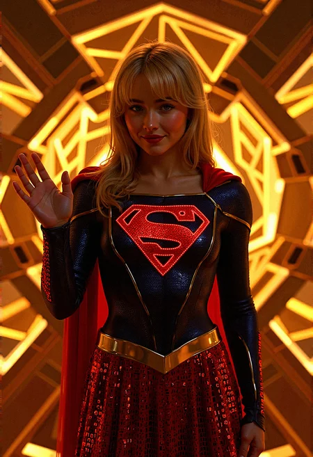 A photorealistic image of supergirl sabcarp based on fictional characters from DC Comics enveloped in a digital nexus, her costume infused with binary code that flickers with energy the backdrop of intersecting geometric shapes that seem to pulse with a golden glow, representing her power over both the digital and physical realms.
geometric armor plating to her shoulders and chest, with sharp, angular designs that mirror the background aesthetics.Integrate glowing binary code patterns into Supergirl's suit, running along the seams and edges, highlighting her connection to the digital realm.
She stands with one hand raised, palm facing outwards as if signaling to calm down, her expression firm but gentle.