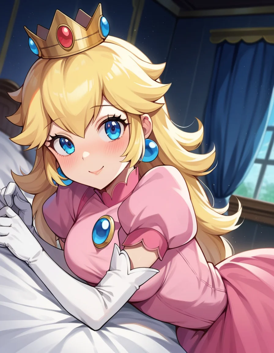 score_9, score_8_up, score_7_up, source_anime,
princesspeach, <lora:princess-peach-chibi-ponyxl-lora-nochekaiser:1>
princess peach, blonde hair, blue eyes, long hair, smile,
crown, dress, gem, gloves, pink dress, puffy short sleeves, puffy sleeves, short sleeves, white gloves,
indoors, bed, bed room, on side, blush, drunk,
looking at viewer, dutch angle, cowboy shot