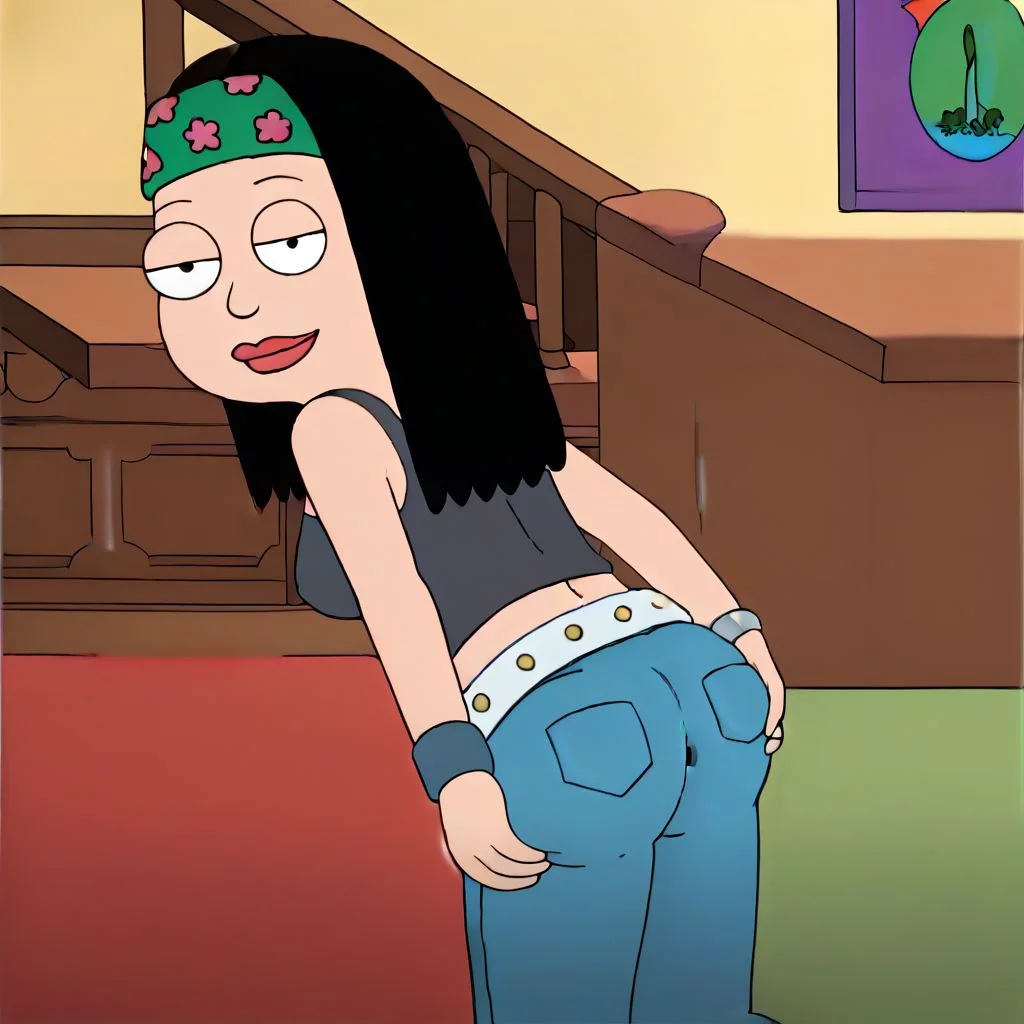 Hayley smith, 1girl, black hair, headband, normal black pupils, small tits, in American dad living room, looking at viewer, tank top, cocky smile, aroused, huge ass, perfect ass, shiney ass, jeans, ass focus, fully dressed, grabbing own ass,
