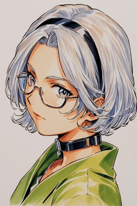 Lobelia Carlini,solo,1girl,glasses,hairband,short hair,choker,white hair,white background,simple background,grey eyes,collar,portrait,traditional media,looking at viewer,closed mouth,green clothes,<lora:Sakura Wars_XL:0.8>,