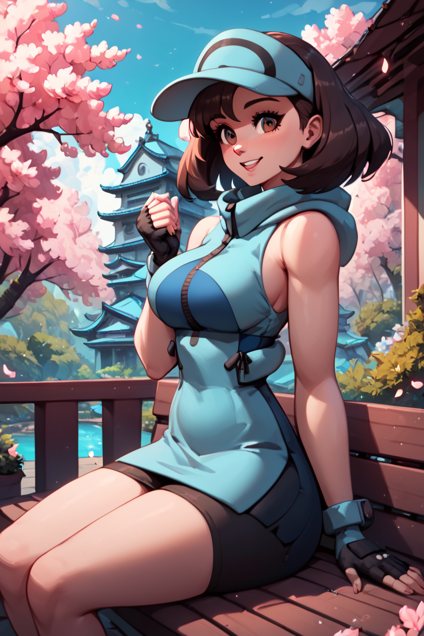 score_9, score_8_up, score_8, medium breasts, (curvy), cute, eyelashes,      ,  zzAceSM, brown eyes, brown hair, medium hair, visor cap, fingerless gloves, sleeveless, hat, black gloves, bike shorts, blue headwear,  ,  <lora:AceTrainerPokemonSM_PDXL:1.0>,  BREAK, sitting on bench, side view, smile, looking at viewer, cowboy shot,  ,,, BREAK, pnkBldng, sky, day, cloud, tree, blue sky, building, architecture, east asian architecture,  ,,, BREAK, embedding:zPDXL, Expressiveh,  ,,, <lora:PinkBuildingsPDXL_v2:0.6>, <lora:SDXLFaeTastic2400:0.5>, <lora:Expressive_H-000001:0.4>
