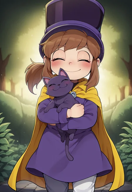 Dagashi_(Daga2626), 1girl, hat kid, a hat in time, brown hair, sidelocks, ponytail, masterpiece, best quality, absurdres,
purple top hat, purple dress, zipper pull tab, yellow cape, white pants,
outdoors, nature,
standing, holding cat, hug, kitten, happy smile, closed eyes, very happy,
intricate, highly detailed, majestic, shallow depth of field, movie still, hard light, circular polarizer