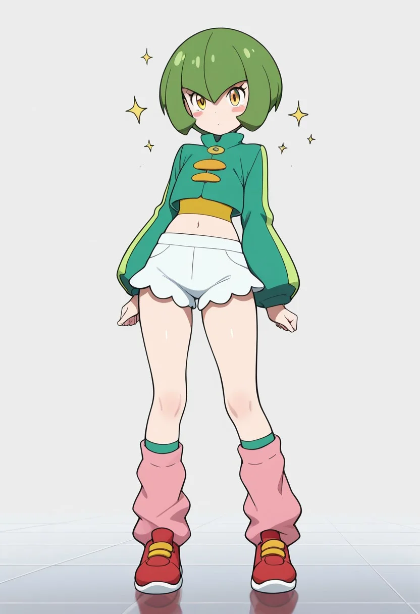 masterpiece, best quality, amazing quality, very aesthetic, high resolution, ultra-detailed, absurdres, 1girl, green hair, bob cut, yellow eyes, blush stickers, short shorts, white shorts, yellow crop top, midriff, navel, green jacket, cropped jacket, knee socks, frilly socks, pink socks, red footwear, simple background, reflective floor, light particle, sparkle, shiny,