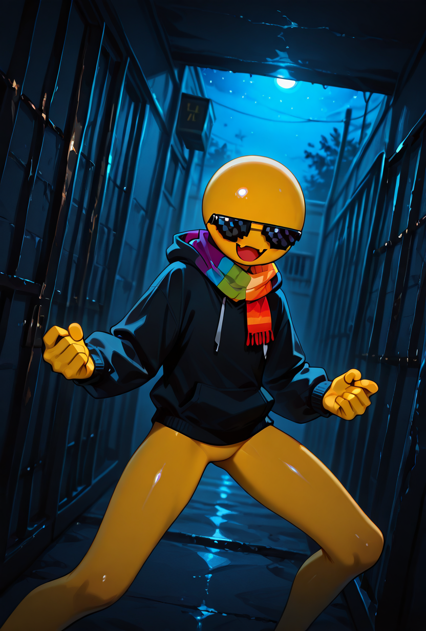 <lora:xmattar-10:1> xmattar, open mouth, rainbow scarf, , solo, smile, pixel sunglasses, 1boy,black hoodie, yellow skin, circular head,,yellow legs, no pants    <lora:Battoujutsu_Stance:1> battoujutsu stance, solo, tilted angle, dutch angle, tilted view, night time, prison cell, insane asylum, dark room, horror, brock walls,, masterpiece, best quality, amazing quality, very aesthetic, absurdres, newest,