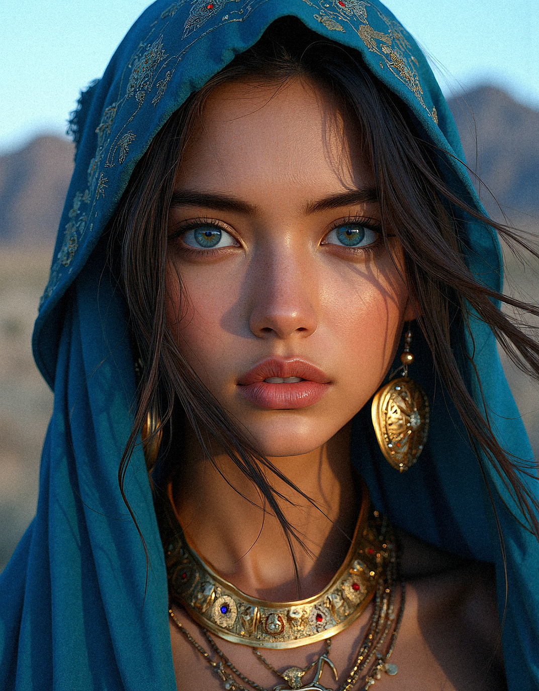  hyper-realistic photography close-up portrait of a conservative tribal young tanned  beauty wearing a traditional headscarf, with an emphasis on cultural heritage and intricate details. The headscarf, in a rich azure blue, is adorned with delicate golden embroidery, featuring geometric and floral motifs that seem to shimmer as they catch the light. The fabric should look soft and luxurious, with slight folds that reveal its texture and weight. Her bright eyes,  large and almond-shaped, with long eyelashes, should be rendered with meticulous detail, showing flecks of gold in her light beige colored irises that catch the ambient light. She wears large, ornate gold earrings with embedded jewels, reflecting hues of blue and red that complement her attire. A series of golden bangles adorns her wrist, with each bangle showcasing unique etchings and a subtle sheen that adds depth to the scene. The multi-layered necklace on her chest should look heavy and intricate, with each link and pendant reflecting the light in a way that conveys realism and richness. Her skin is very tanned with warm undertone, with a gentle blush across her cheeks and nose, suggesting a natural glow. (The background Jagged mountains in the background, barely visible under the moonlight, adding a sense of scale), contrasting with the blue of her scarf and enhancing the warmth of her skin. The lighting should be soft yet direct, illuminating her features and jewelry, casting subtle shadows that add depth and realism. Capture the texture of her skin, the softness of the fabric, and the cool, reflective surfaces of the jewelry to create a lifelike and immersive portrait that honors her cultural heritage and individual beauty. Add a slight breeze that lifts a strand of hair across her face, adding a sense of movement and intimacy to the composition, making the viewer feel as if they are sharing a moment of quiet contemplation with her.




