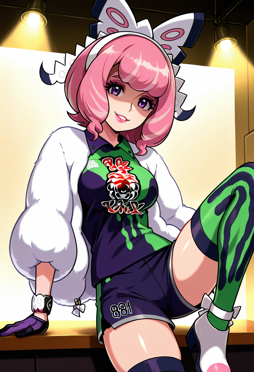 masterpiece, best quality, 1girl, solo, eyelashes, (beautiful eyes),      zzKlara, purple eyes, pink hair, pink lips, makeup, eyeshadow, pink eyeshadow, hairband, bracelet, single glove, white jacket, fur coat, shirt, shorts, mismatched legwear, thighhighs, smile, photo shoot, flash lighting, one leg up, dramatic lighting â Under the sharp flashes of a fashion shoot, Klara lifts one leg onto a prop cube, flashing a cheeky grin. The fur of her white jacket glows under the studio lights, her pink hair teased into perfect shape. One thigh is hugged by a striped stocking, the other left bare beneath her shorts. Her eyeshadow and lips pop with saturated color, a flawless look caught mid-motionâconfident, chaotic, and ready to trend.   ,<lora:KlaraPokemon_IXL_v2:1.0>,