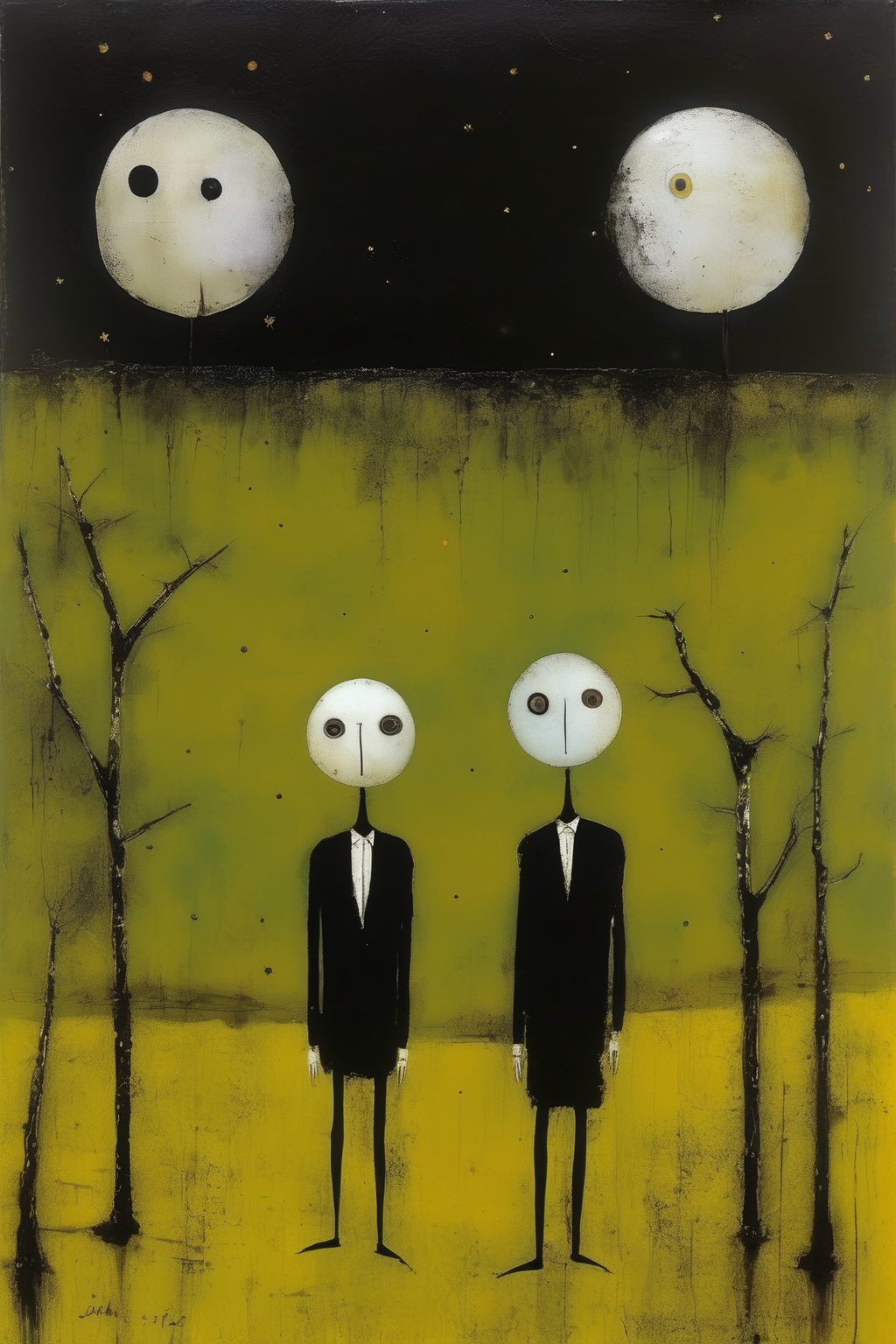 <lora:Sidney Nolan Style:1>Sidney Nolan Style - Two moons. John Lurie