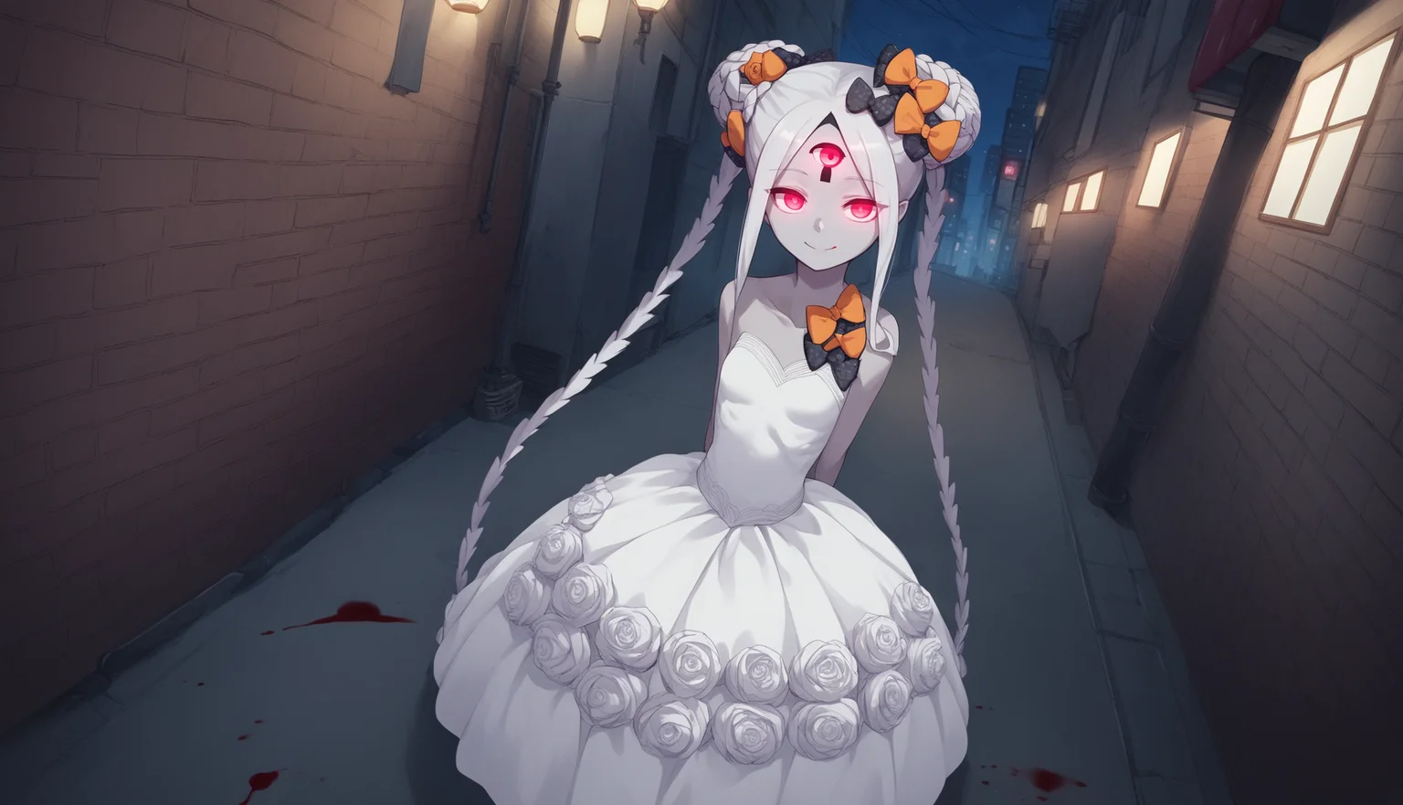 1girl, grey skin, colored skin, grey hair, red eyes, forehead, keyhole, third eye, double bun, braided bun, twintails, sidelocks, braid, polka dot bow, hair bow, orange bow, sleeveless, bride, wedding dress, seuctive smile, glowing eyes, outdoors, alley, night, mist, london, cowboy shot, blood, blood stains, arms behind back, from above, dutch angle, <lora:abby_xl:0.8>, score_9, score_8_up, score_7_up, score_6_up, score_5_up, score_4_up, BREAK source_anime, masterpiece