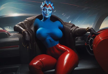 score_9, score_8_up, score_7_up,samara1, 1girl, alien, light-blue eyes, golden cuffs, without ears, samara1, mature,old milf,without eyebrows, without hair, standing, black elbow gloves, seductive smile, red skintight sweater, gold buttoned up jacket, red tiara, extremely detailed,black miniskirt,blue skin,toned body,large breasts, tight red pants without pockets, oiled body, shiny body, narrow waist,red thigh high boots, blue undershirt,smirking,car,sitting on car hood