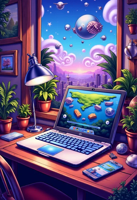 <lora:KFT_Curse_of_Dragons_Crown_Style_FLUX:1>
The image is a vibrant, digitally created kftfantasy illustration featuring a laptop on a desk