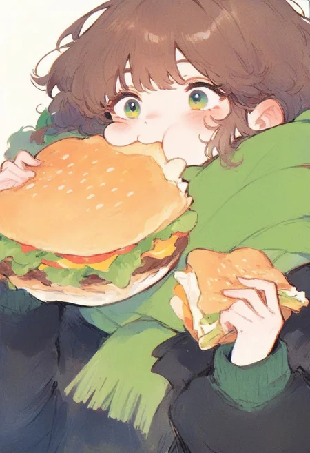 hu99y, score_9,score_8_up,score_7_up, 1girl,  solo, brown hair,long hair,bangs,eating hamburger, green sweater, brown hair,long hair, bangs,green scarf,eating hamburger,dark coat,