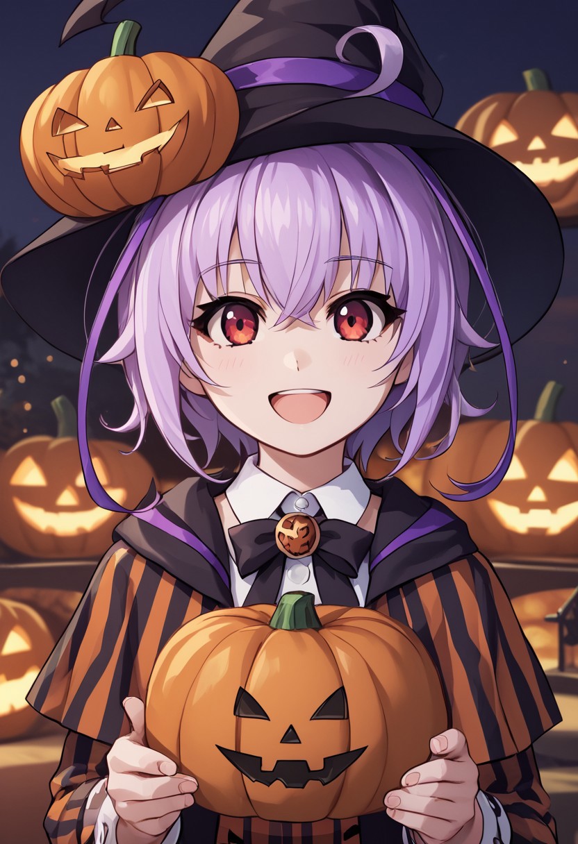 score_4,score_5,score_6,score_7_up,score_8_up,score_9
((masterpiece,best quality,ultra detailed,highres,HD,4k:1.2)),
1 girl,solo,girl forcus,upper body,
Purple hair,side locks,ahoge,multicolored hair,short hair, red eyes, 
Halloween, Halloween costume, pumpkin hat, pumpkin skirt, striped shirt, pantyhose,
happy,smile,open mouth,