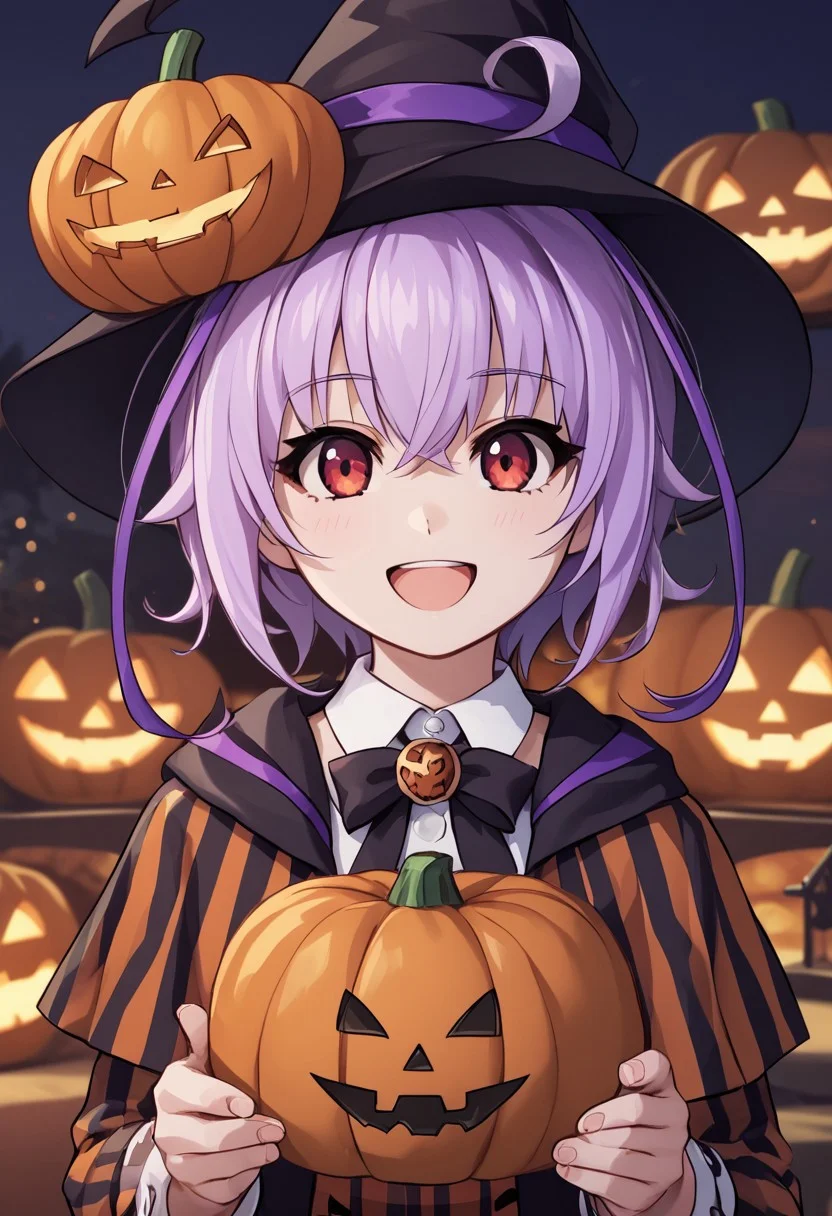 score_4,score_5,score_6,score_7_up,score_8_up,score_9
((masterpiece,best quality,ultra detailed,highres,HD,4k:1.2)),
1 girl,solo,girl forcus,upper body,
Purple hair,side locks,ahoge,multicolored hair,short hair, red eyes,
Halloween, Halloween costume, pumpkin hat, pumpkin skirt, striped shirt, pantyhose,
happy,smile,open mouth,