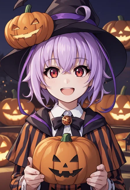 score_4,score_5,score_6,score_7_up,score_8_up,score_9
((masterpiece,best quality,ultra detailed,highres,HD,4k:1.2)),
1 girl,solo,girl forcus,upper body,
Purple hair,side locks,ahoge,multicolored hair,short hair, red eyes,
Halloween, Halloween costume, pumpkin hat, pumpkin skirt, striped shirt, pantyhose,
happy,smile,open mouth,