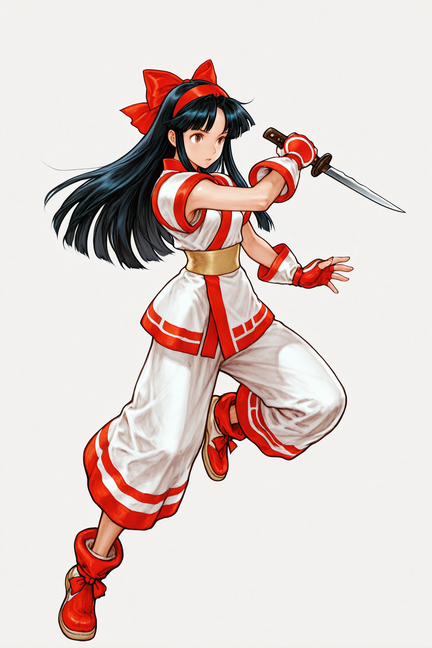 nakoruru,1girl,solo,long hair,bow,red bow,weapon,black hair,hair bow,ainu clothes,gloves,fingerless gloves,hairband,reverse grip,white background,full body,brown eyes,knife,
<lora:Kinu Nishimura_illustriousXL:1.5>,