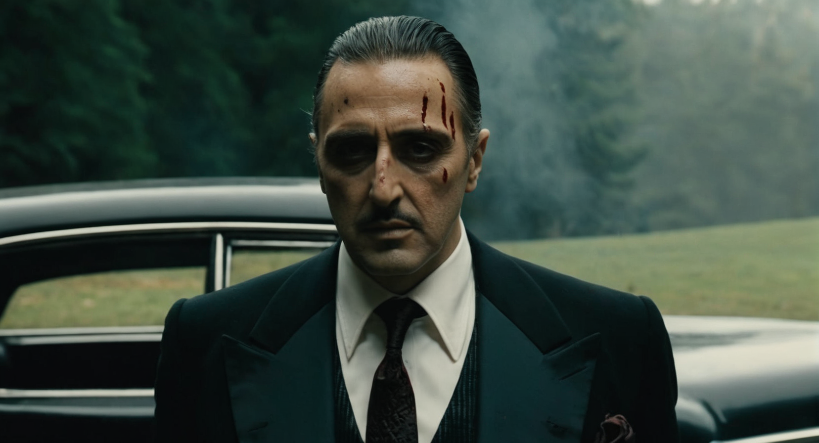 UHD, 4k, ultra detailed, cinematic, a photograph of  <lora:The Godfather Film Style:1.2>
a man in a suit is standing in front of a car with blood all over his face and body and cloth The Godfather Film Style , epic, beautiful lighting, inpsiring
