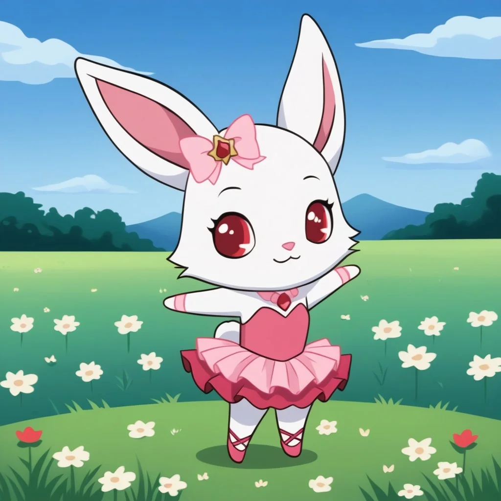 best quality, masterpiece, ruby, jewelpet, rabbit, closed mouth, furry, white fur, anthro, solo, chibi, cute smile, pink clothing, tutu, ballet, grassy meadow, blue sky,