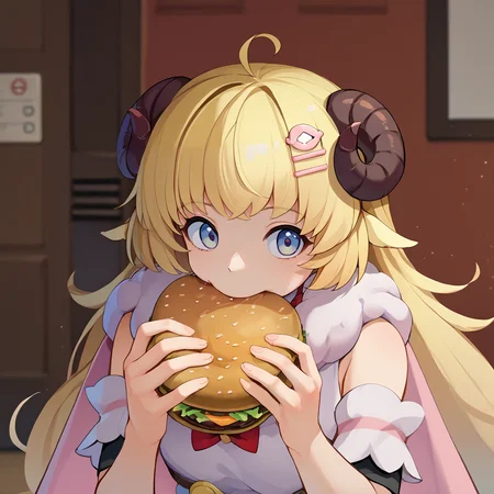 score_9, score_8_up, score_7_up, score_6_up, source_anime BREAK 1girl, <lora:jermawhopper-pdxl-nvwls-v1-000005:1> jermaWhopper, eating, burger, looking at you, upper body <lora:CHAR-TsunomakiWatamePonyXL:1> TsunomakiWatame, sheep girl, long hair, ahoge, WatameBase, very long hair, ahoge, hairclip, fur-trimmed dress, short dress, red bowtie, detached sleeves, pouch, fur-trimmed cape, pink cape