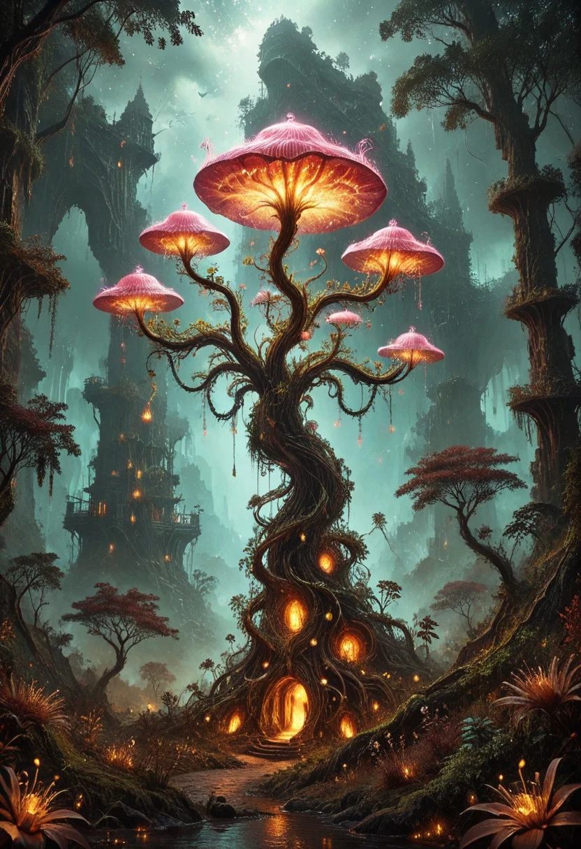 score_9, score_8_up, score_7_up, A vast alien jungle at twilight, where trees with translucent trunks glow faintly with a pink and cyan bioluminescence. The leaves shimmer like fireflies, and the ground is alive with glowing fungi and pulsating vines. A distant alien city made of bioluminescent towers is barely visible through the thick mist. The sky is a swirling blend of nebula-like colors. Detailed, dreamlike, influenced by Alex Grey and Yoshitaka Amano.