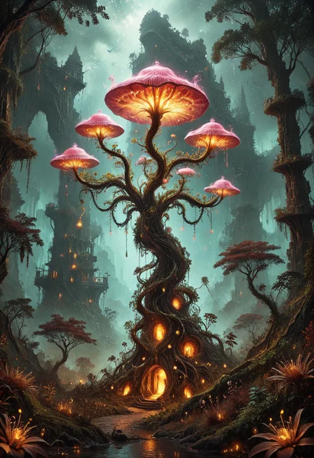 score_9, score_8_up, score_7_up, A vast alien jungle at twilight, where trees with translucent trunks glow faintly with a pink and cyan bioluminescence. The leaves shimmer like fireflies, and the ground is alive with glowing fungi and pulsating vines. A distant alien city made of bioluminescent towers is barely visible through the thick mist. The sky is a swirling blend of nebula-like colors. Detailed, dreamlike, influenced by Alex Grey and Yoshitaka Amano.